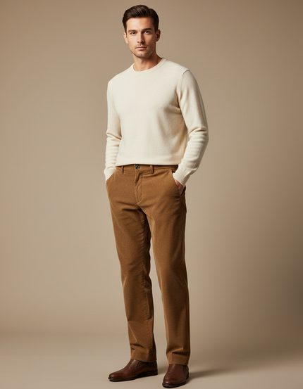 Pantalon Marron Côtelé Droit Élégant Homme - Cordé