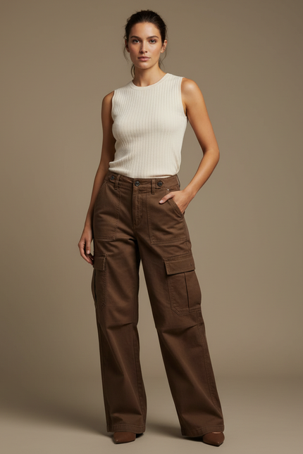 Pantalon Marron Cargo Ample Décontracté Poches Femme - Toile
