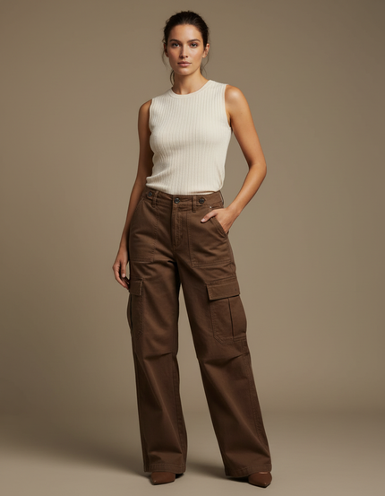 Pantalon Marron Cargo Ample Décontracté Poches Femme - Toile