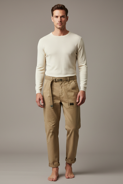 Pantalon Marron Coton Décontracté Ample Homme Cargo - Kaki