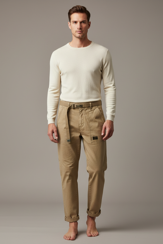 Pantalon Marron Coton Décontracté Ample Homme Cargo - Kaki