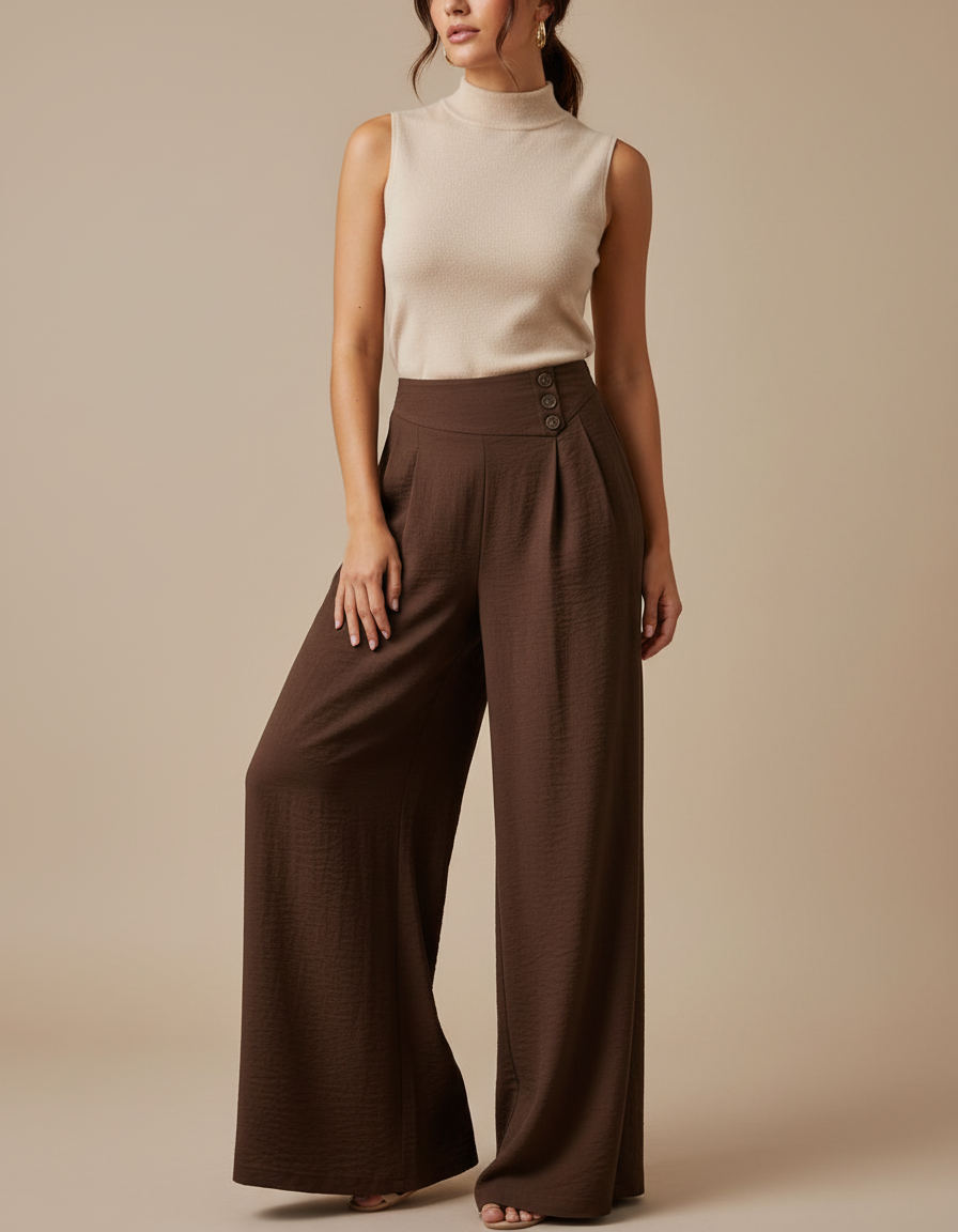Pantalon Marron Ample Fluide Boutons Latéraux Chic - Viscose