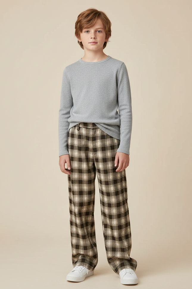 Pantalon Marron Carreaux Ample Plaid Décontracté Enfant - Laine