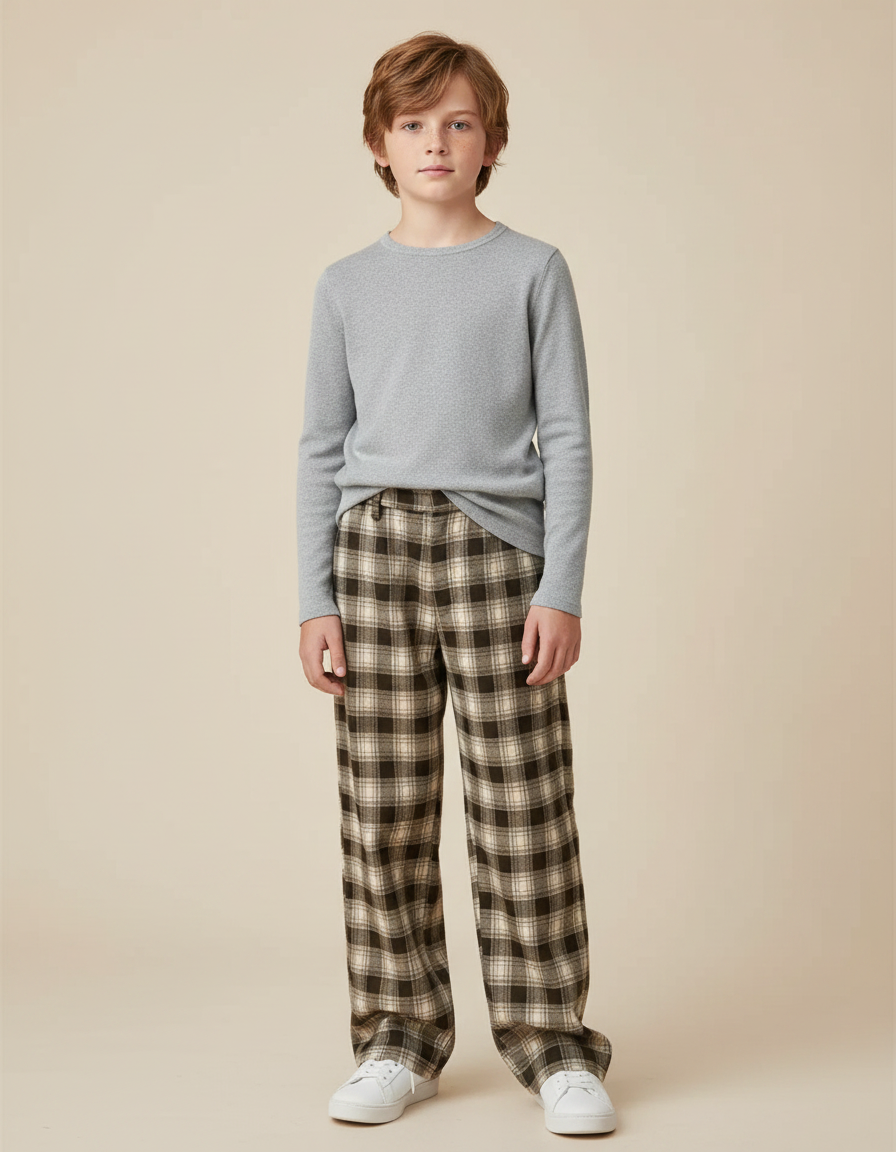 Pantalon Marron Carreaux Ample Plaid Décontracté Enfant - Laine