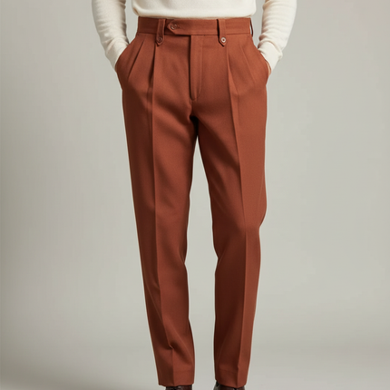 Pantalon Marron Homme Laine Plissé Droit Élégant