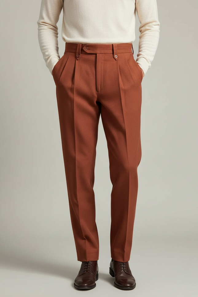 Pantalon Marron Homme Laine Plissé Droit Élégant