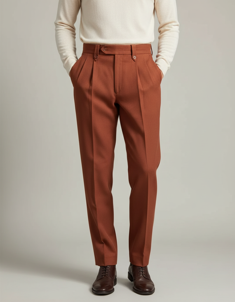 Pantalon Marron Homme Laine Plissé Droit Élégant