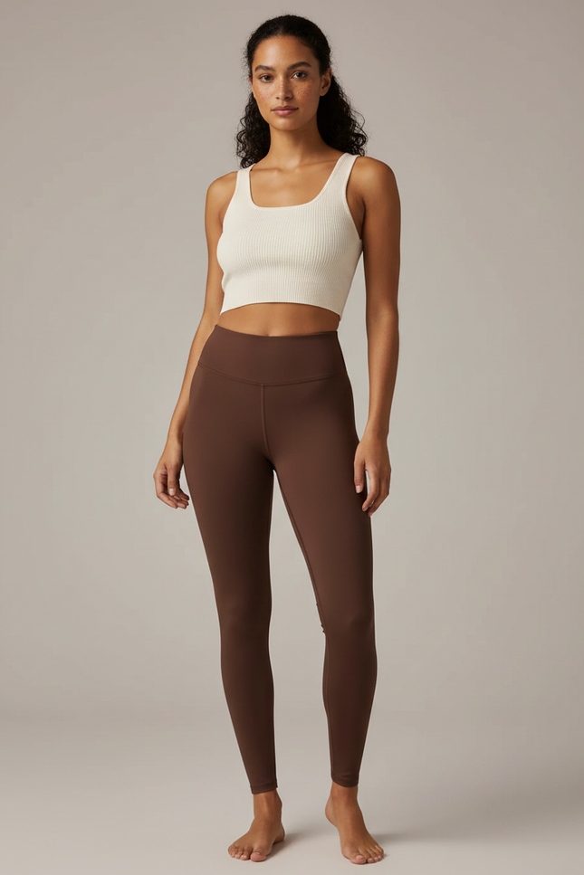 Pantalon Marron Yoga Taille Haute Stretch Femme - Polyester