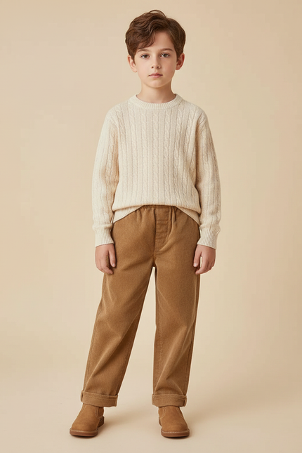 Pantalon Marron Côtelé Ample Élastiqué Enfant Chaud - Cordé