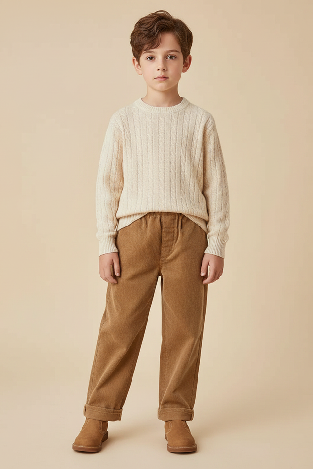 Pantalon Marron Côtelé Ample Élastiqué Enfant Chaud - Cordé