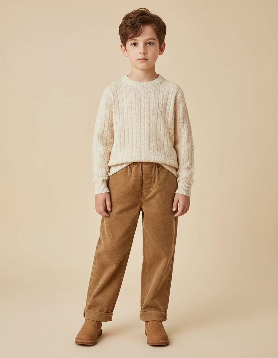 Pantalon Marron Côtelé Ample Élastiqué Enfant Chaud - Cordé