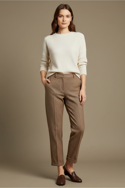 Pantalon Marron Laine Droit Texturé Élégant Femme - Tweed