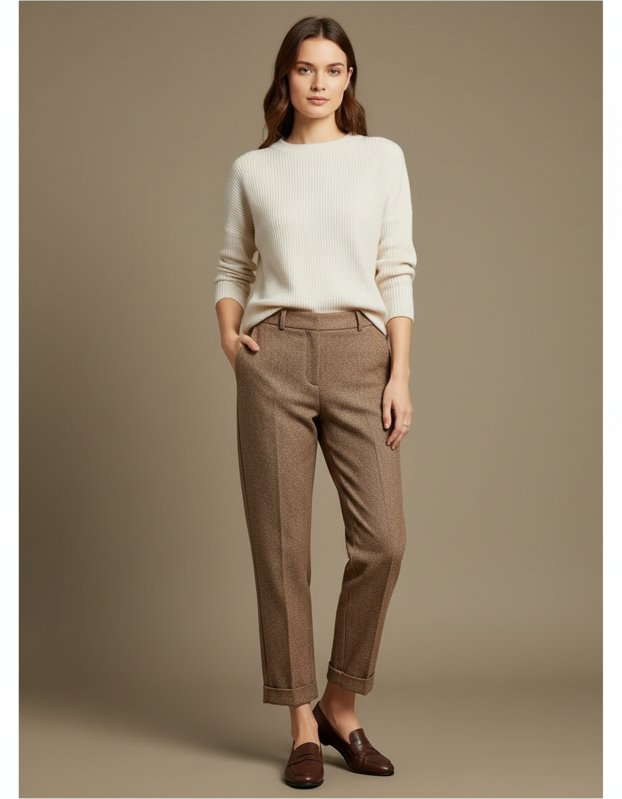 Pantalon Marron Laine Droit Texturé Élégant Femme - Tweed