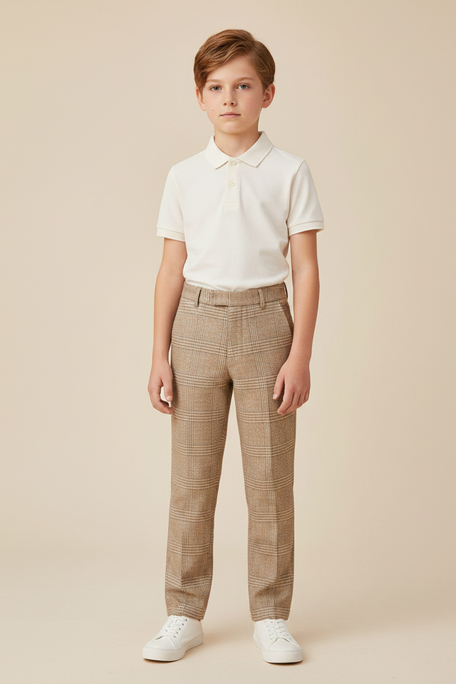 Pantalon Marron Carreaux Garçon Droit Chic Élégant - Tweed