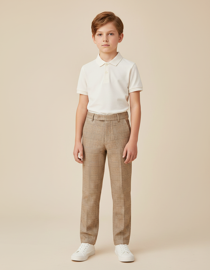Pantalon Marron Carreaux Garçon Droit Chic Élégant - Tweed