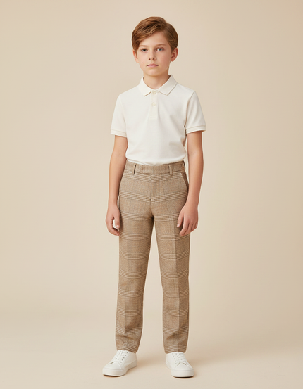 Pantalon Marron Carreaux Garçon Droit Chic Élégant - Tweed