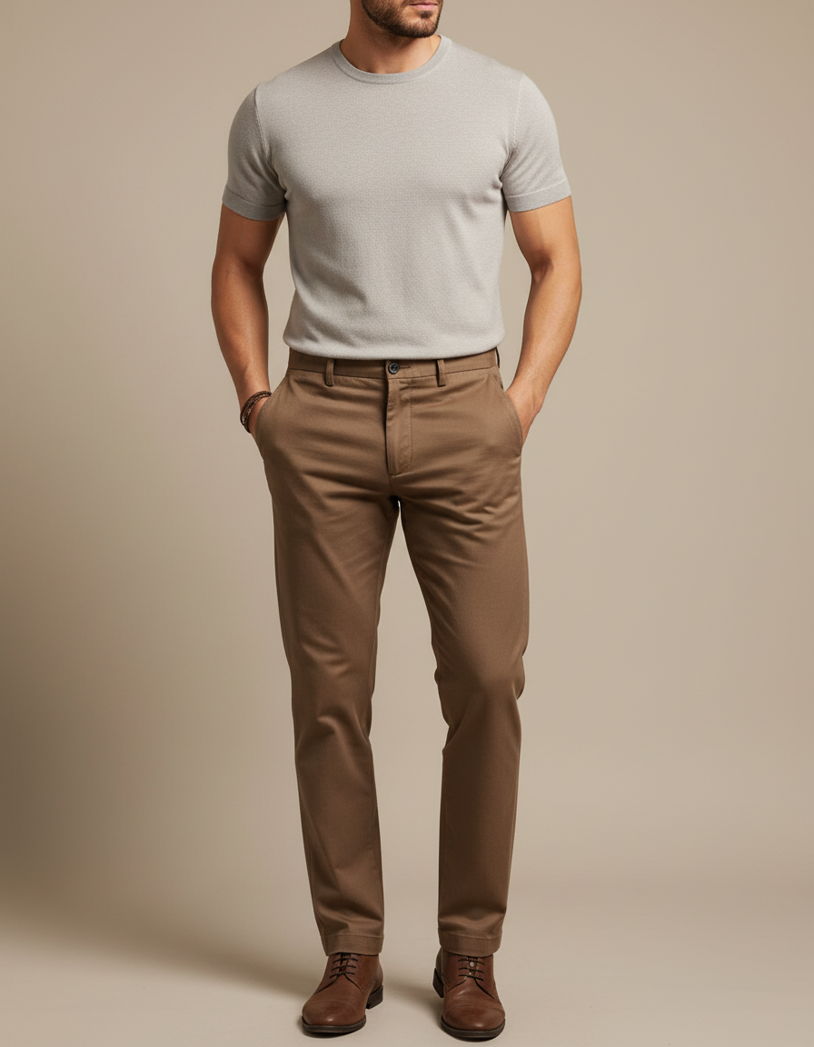 Pantalon Marron Homme Coton Coupe Droite Décontracté Élégant - Gabardine