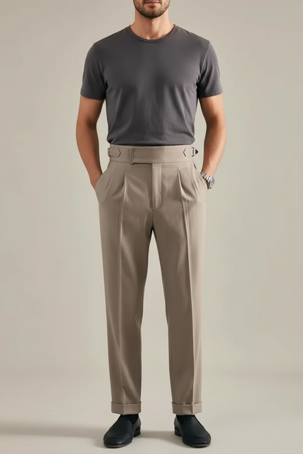 Pantalon Marron Plissé Droit Élégant Classique Homme - Gabardine