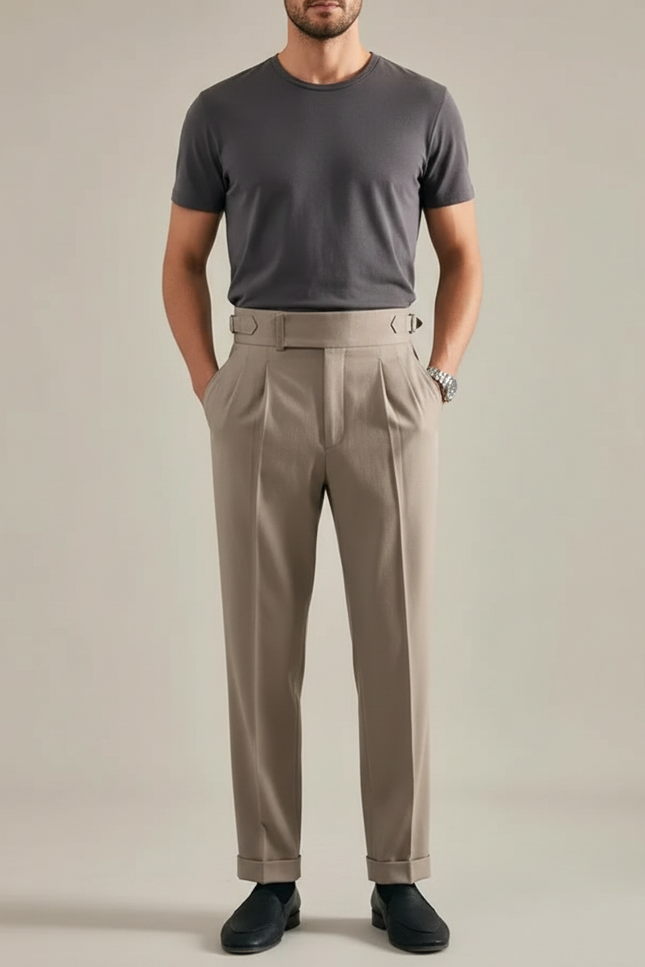 Pantalon Marron Plissé Droit Élégant Classique Homme - Gabardine
