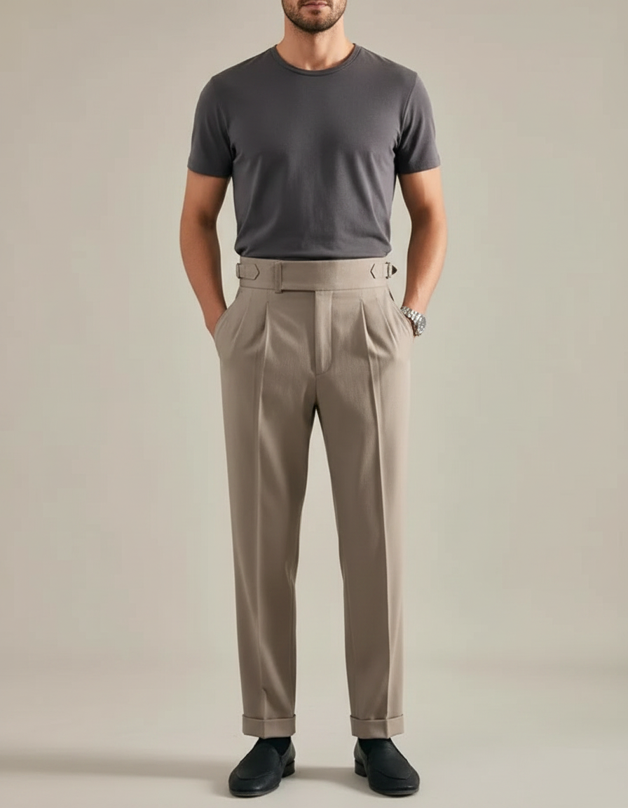 Pantalon Marron Plissé Droit Élégant Classique Homme - Gabardine