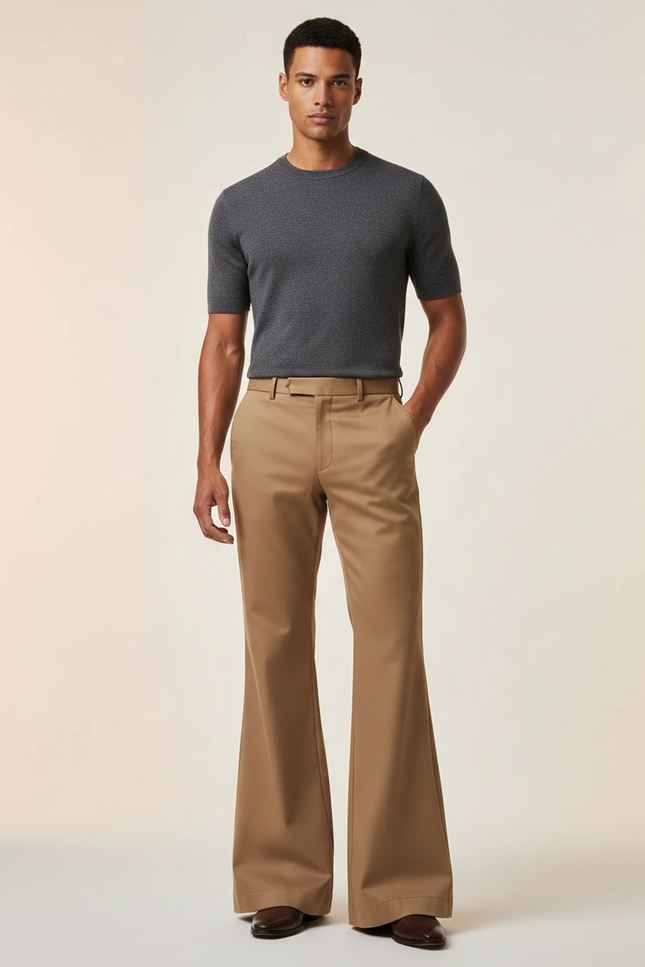 Pantalon Marron Évasé Homme Fluide Chic Élégant - Camel Gabardine