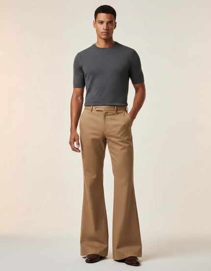 Pantalon Marron Évasé Homme Fluide Chic Élégant - Camel Gabardine