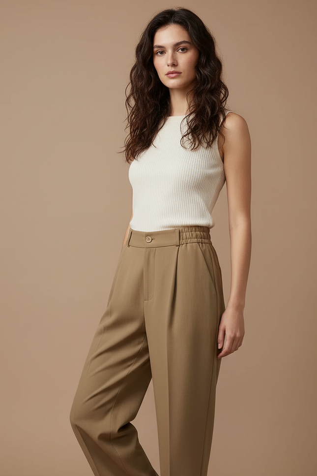 Pantalon Marron Taille Haute Fluide Décontracté Élégant - Kaki Gabardine