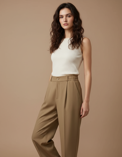 Pantalon Marron Taille Haute Fluide Décontracté Élégant - Kaki Gabardine