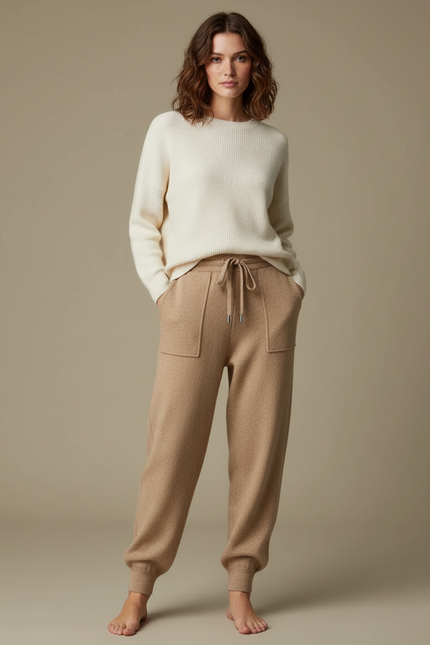 Pantalon Marron Maille Décontracté Chaud Cordon Femme - Camel