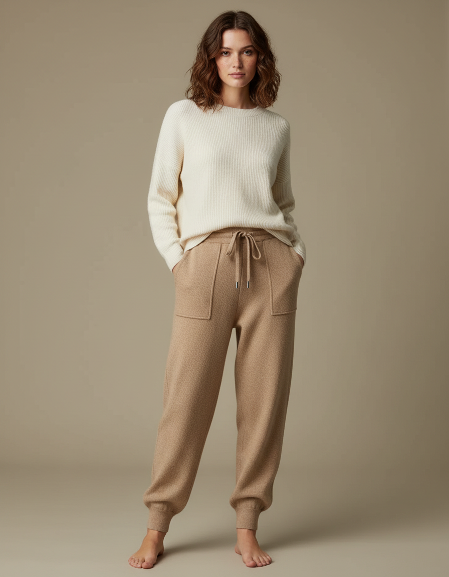 Pantalon Marron Maille Décontracté Chaud Cordon Femme - Camel