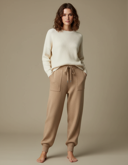 Pantalon Marron Maille Décontracté Chaud Cordon Femme - Camel