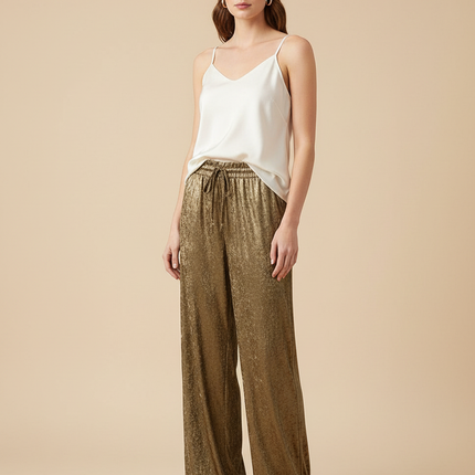 Pantalon Marron Brillant Fluide Large Élégant - Doré Polyester