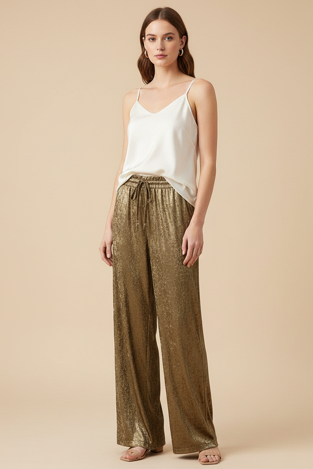 Pantalon Marron Brillant Fluide Large Élégant - Doré Polyester