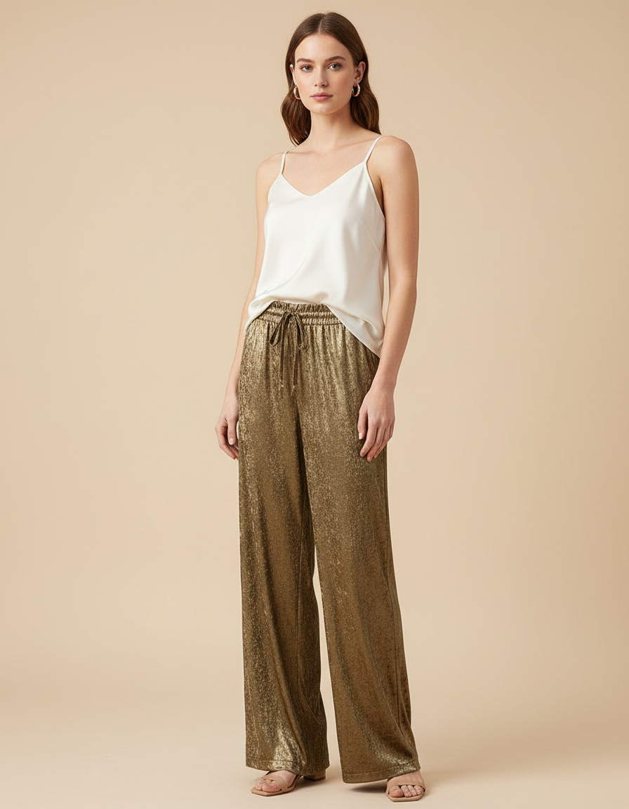 Pantalon Marron Brillant Fluide Large Élégant - Doré Polyester