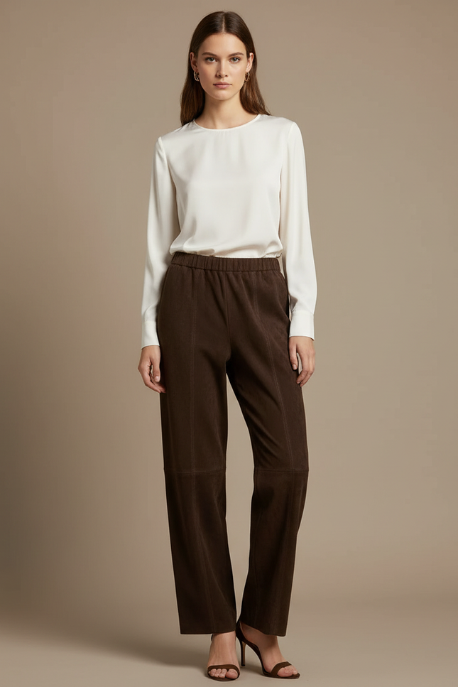 Pantalon Marron Suédé Taille Élastique Droit Femme - Cuir