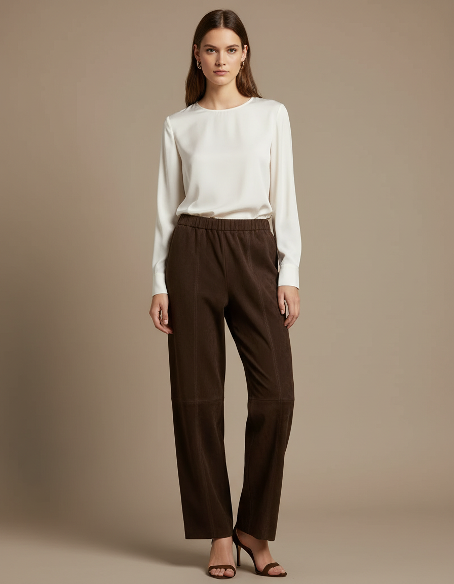 Pantalon Marron Suédé Taille Élastique Droit Femme - Cuir