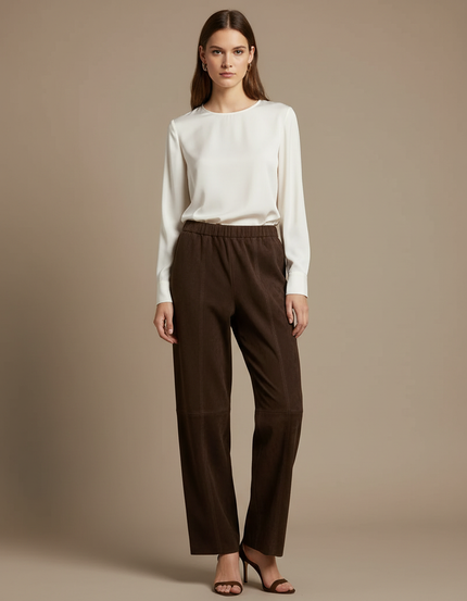 Pantalon Marron Suédé Taille Élastique Droit Femme - Cuir