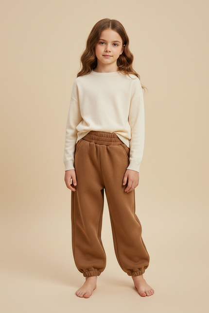 Pantalon Marron Texturé Ample Doublé Chaud Fille - Molleton