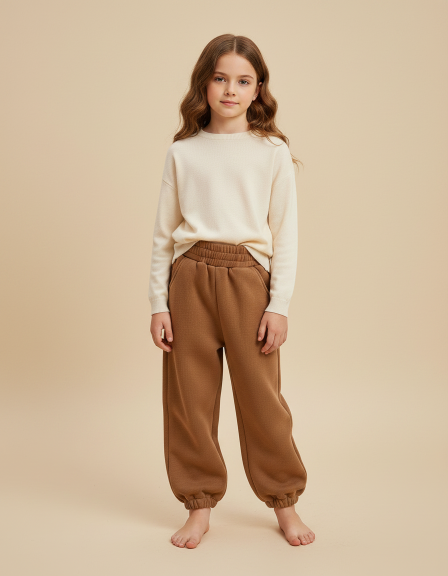 Pantalon Marron Texturé Ample Doublé Chaud Fille - Molleton
