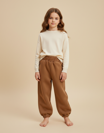 Pantalon Marron Texturé Ample Doublé Chaud Fille - Molleton