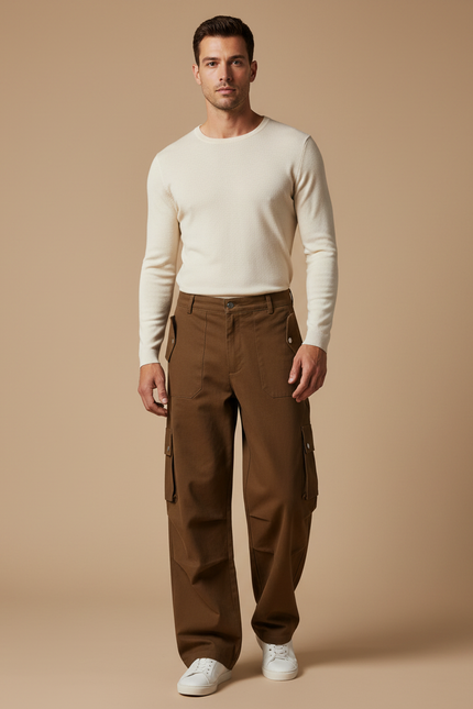 Pantalon Marron Cargo Ample Décontracté Droit Homme - Toile