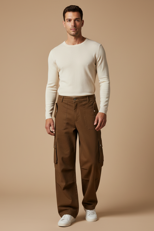 Pantalon Marron Cargo Ample Décontracté Droit Homme - Toile