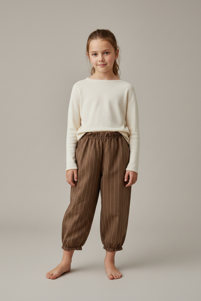 Pantalon Marron Ample Rayé Coton Enfant Confortable - Molleton