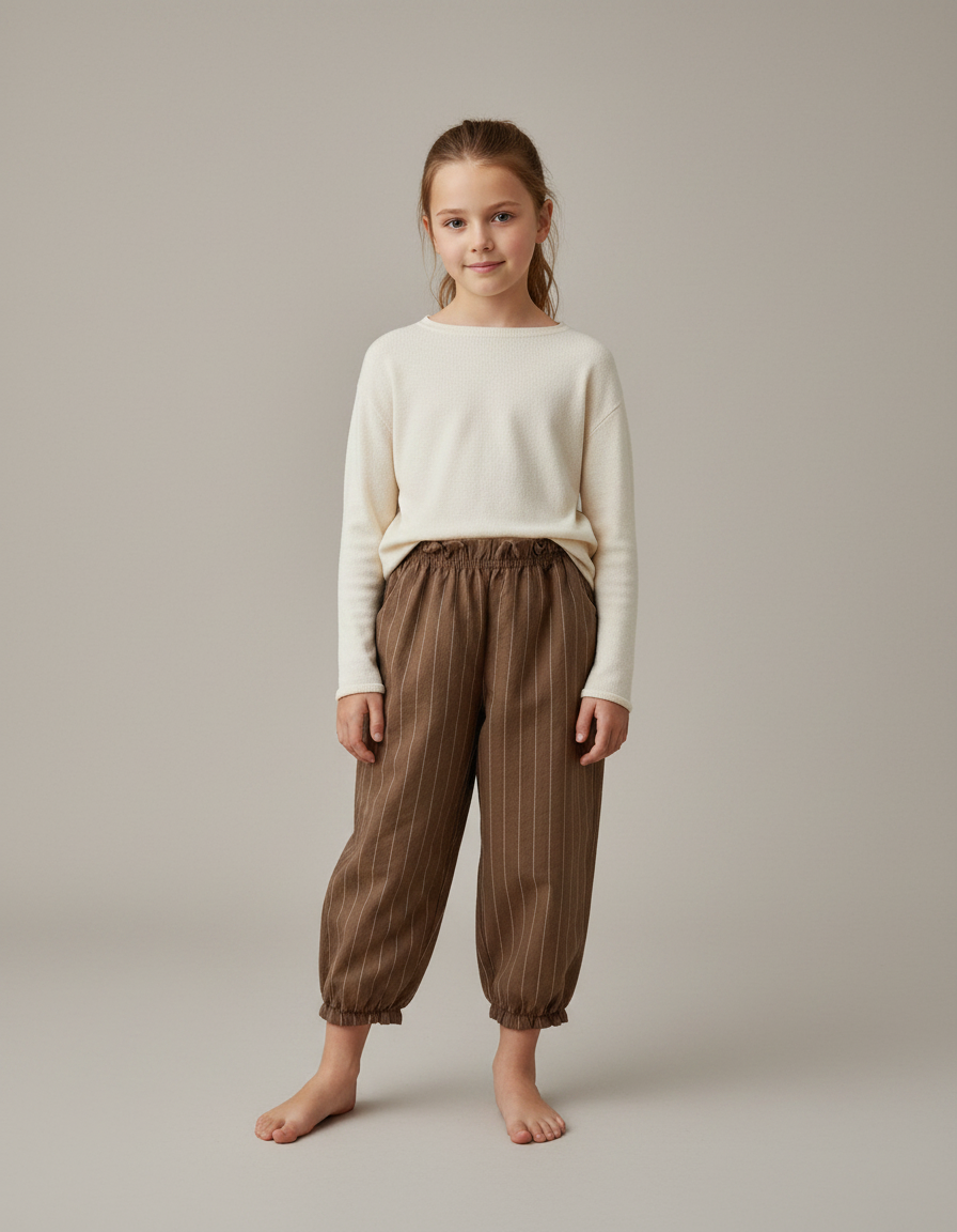 Pantalon Marron Ample Rayé Coton Enfant Confortable - Molleton