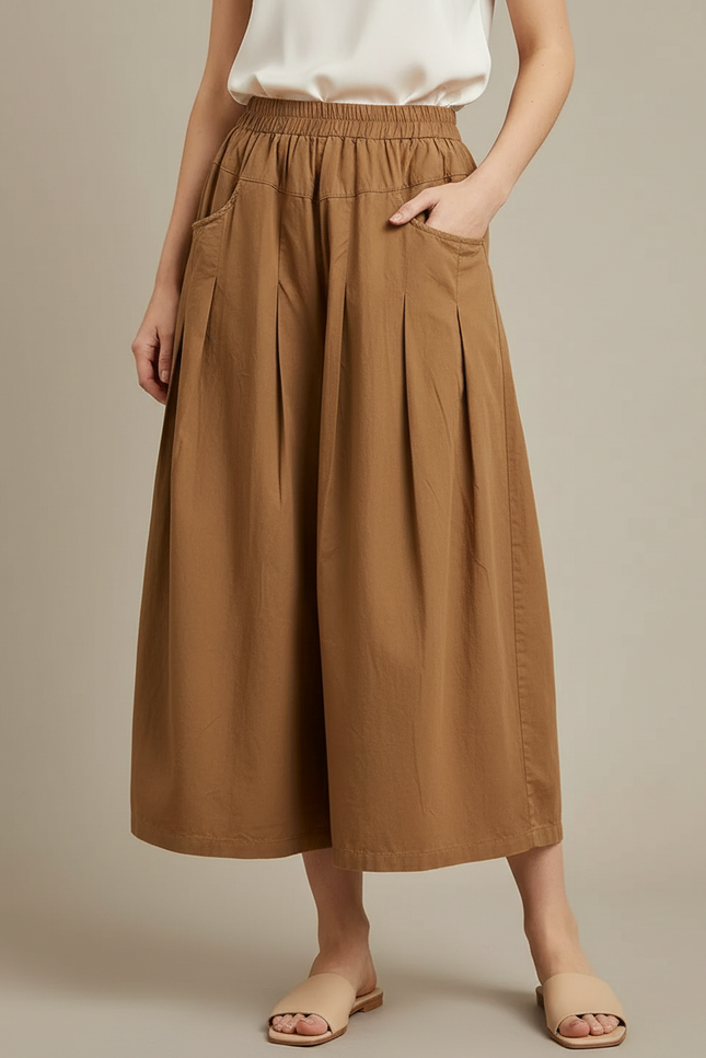 Pantalon Marron Coton Ample Plissé Décontracté Femme