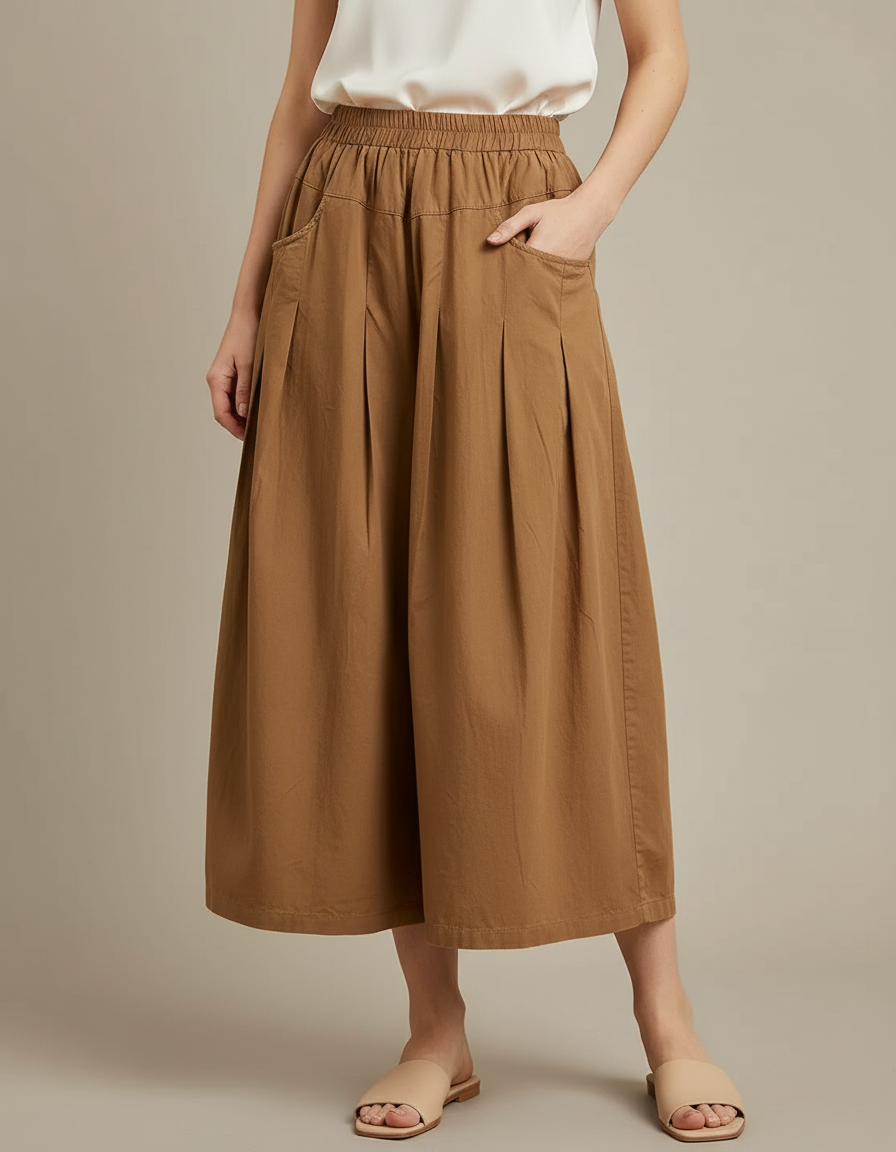 Pantalon Marron Coton Ample Plissé Décontracté Femme