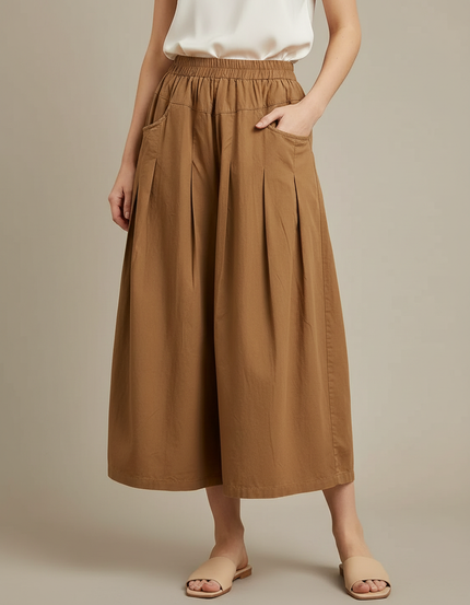 Pantalon Marron Coton Ample Plissé Décontracté Femme