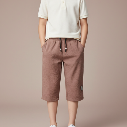 Pantalon Marron Gaufré Coton Lin Décontracté Enfant