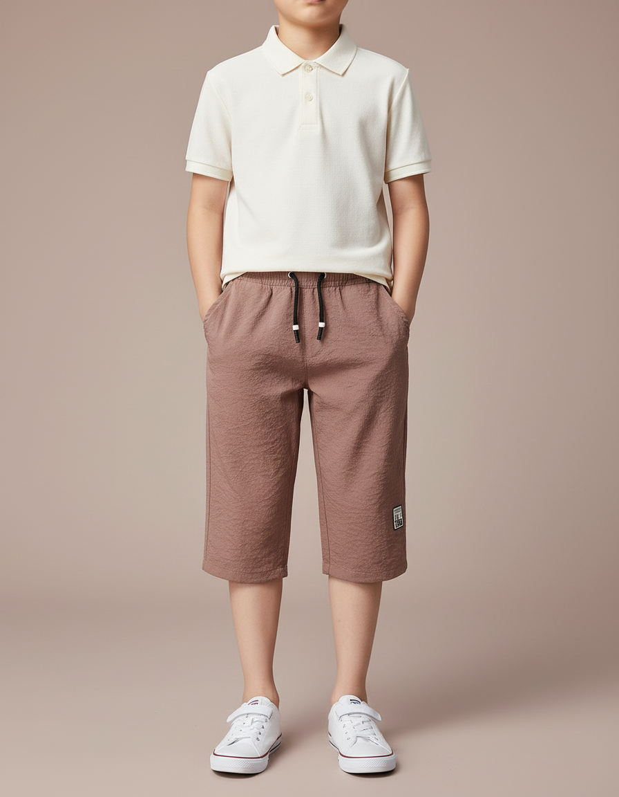 Pantalon Marron Gaufré Coton Lin Décontracté Enfant