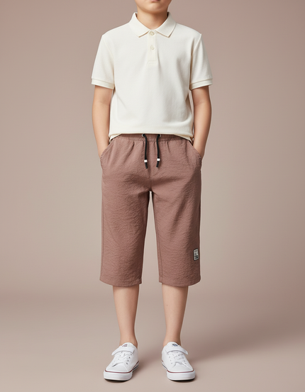 Pantalon Marron Gaufré Coton Lin Décontracté Enfant